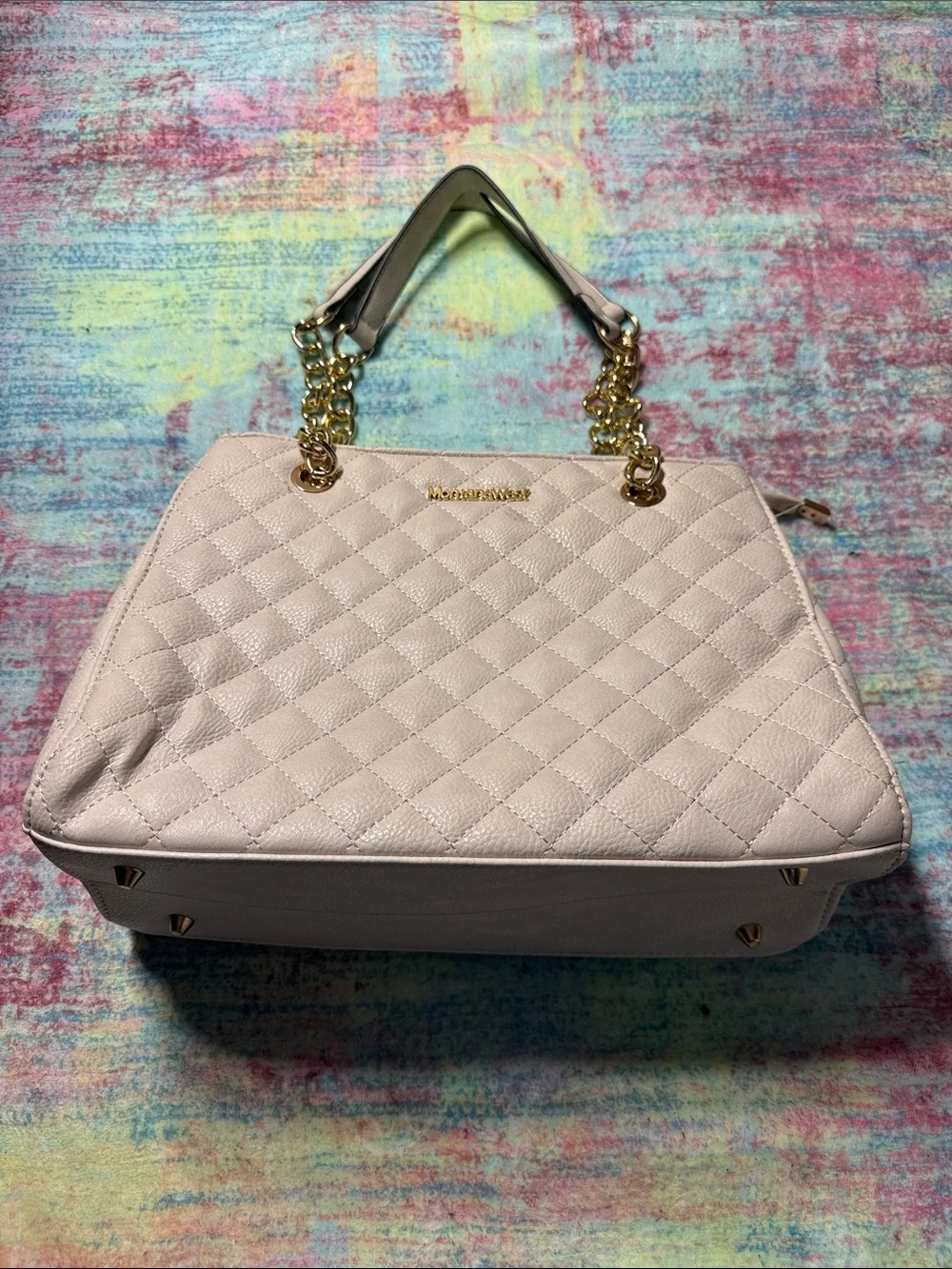 Montana West Quilted Shoulder Bag in Pale Pink with Gold Chain Handles